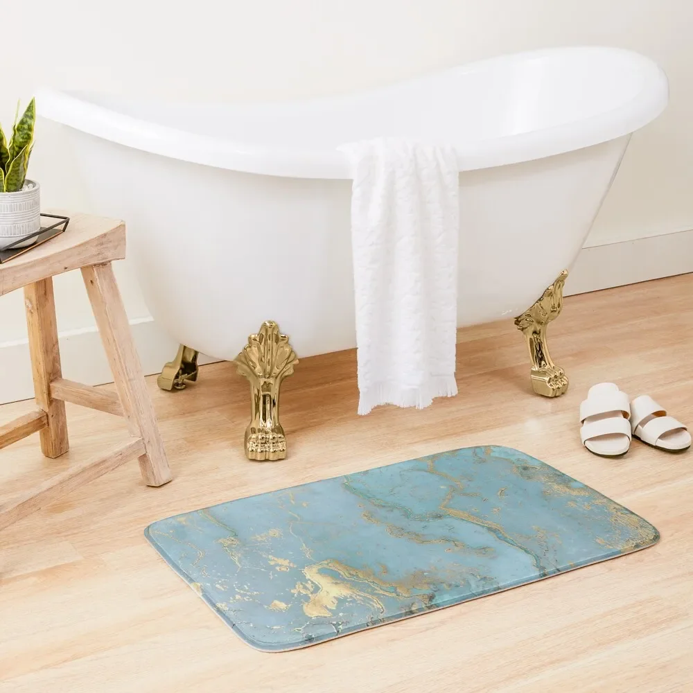 

Marble Design - Gold Effect - Turquoise Blue, Teal Marbling Bath Mat Kitchen Rug Hallway Carpet Mat