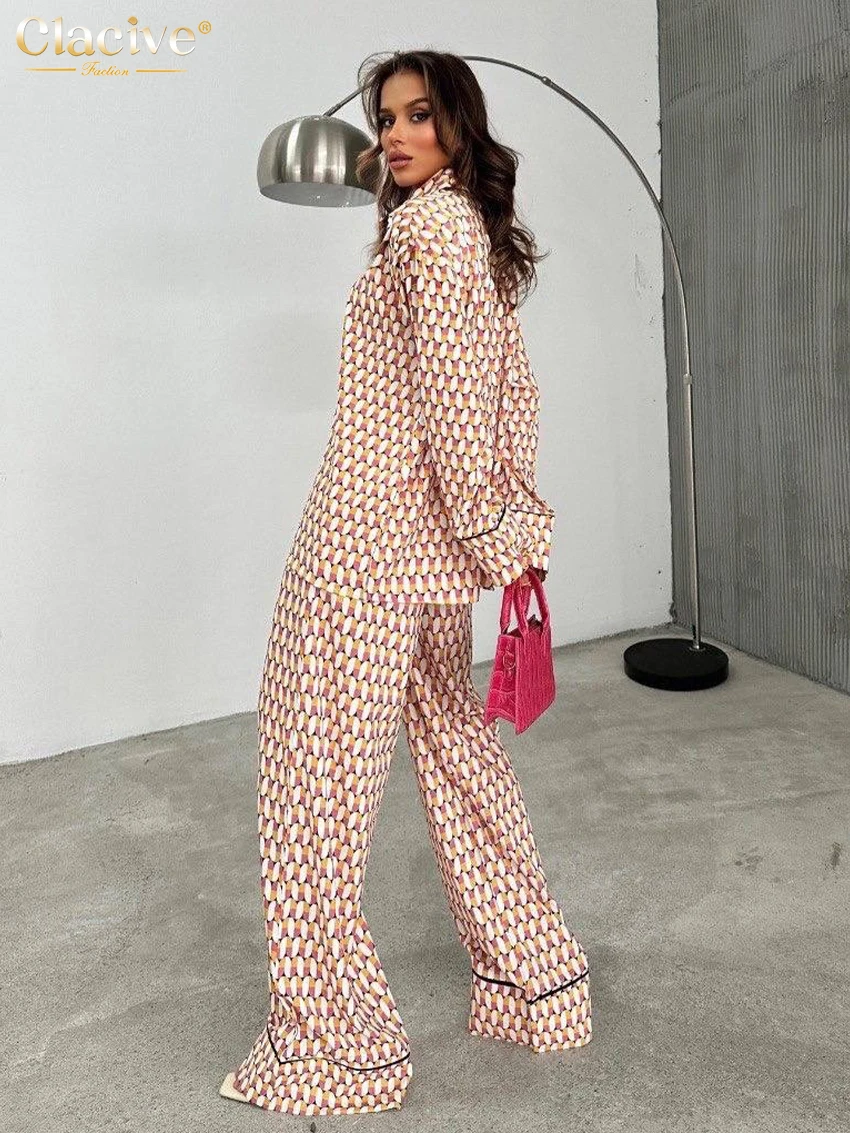 Clacive Casual Loose Print 2 Piece Sets Women Outfit Fashion Long Sleeve Shirt With High Waist Wide Pants Set Female Homewear