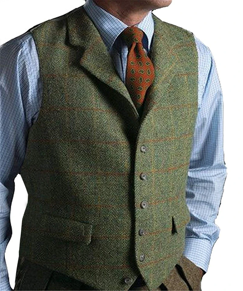 Men's Vest Green Vest Tweed Wool Waistcoat Slim Fit Lapel Plaid Suit Vest Herringbone Tweed Tuxedo Vest 2026 for Wedding Custom