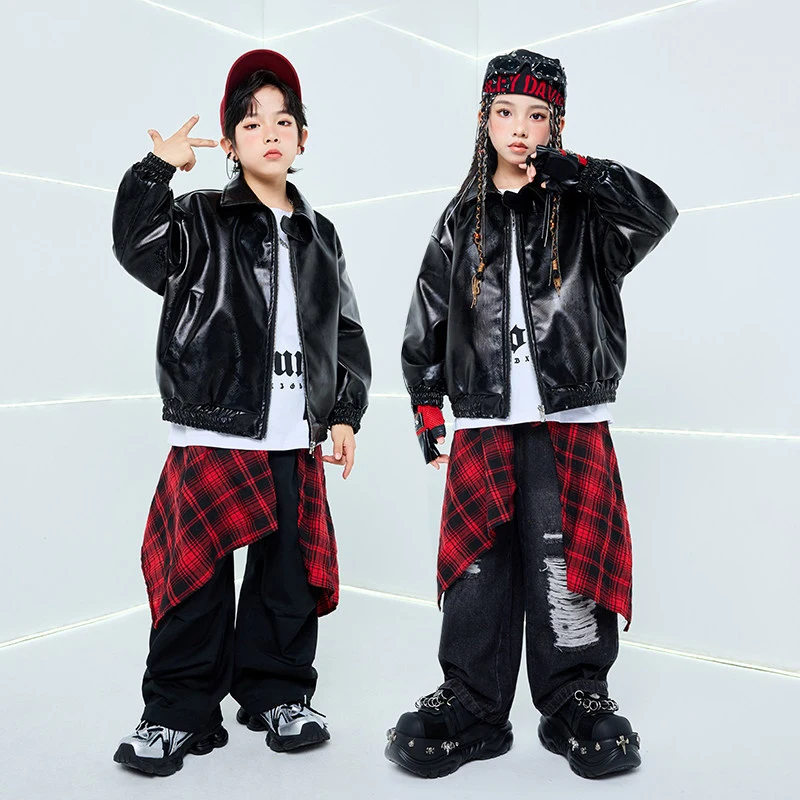 

Kids Hip Hop Clothes Fashion Leather Jacket Pants Black Performance Suit Girls Boys Drum Stage Outfits Street Dance Wear BL18141