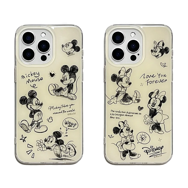 Couple Disney Pencil drawing Cartoon Phone Case for iPhone 12 13 14 15 Pro Max 15pro Mickey Minnie Mouse Cute IMD Cover Funda