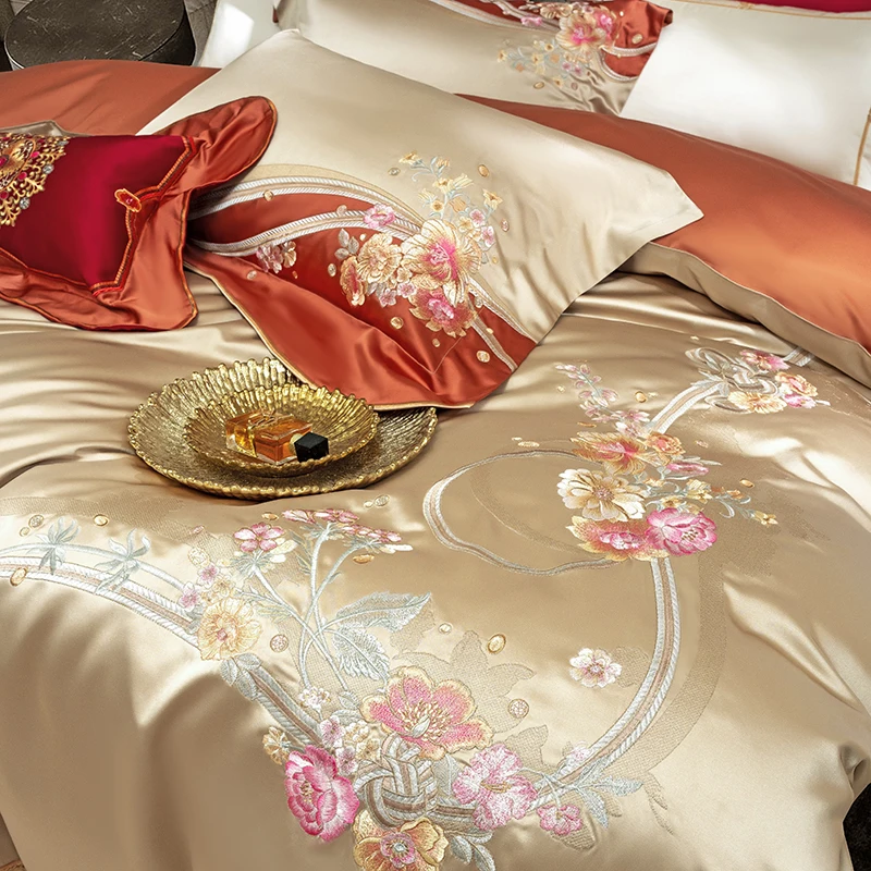 Luxury Flowers Embroidery Sateen Brocade Egyptian Cotton Bedding Set Queen King Size Duvet Cover Bed Sheet Pillowcases 4/6/9Pcs