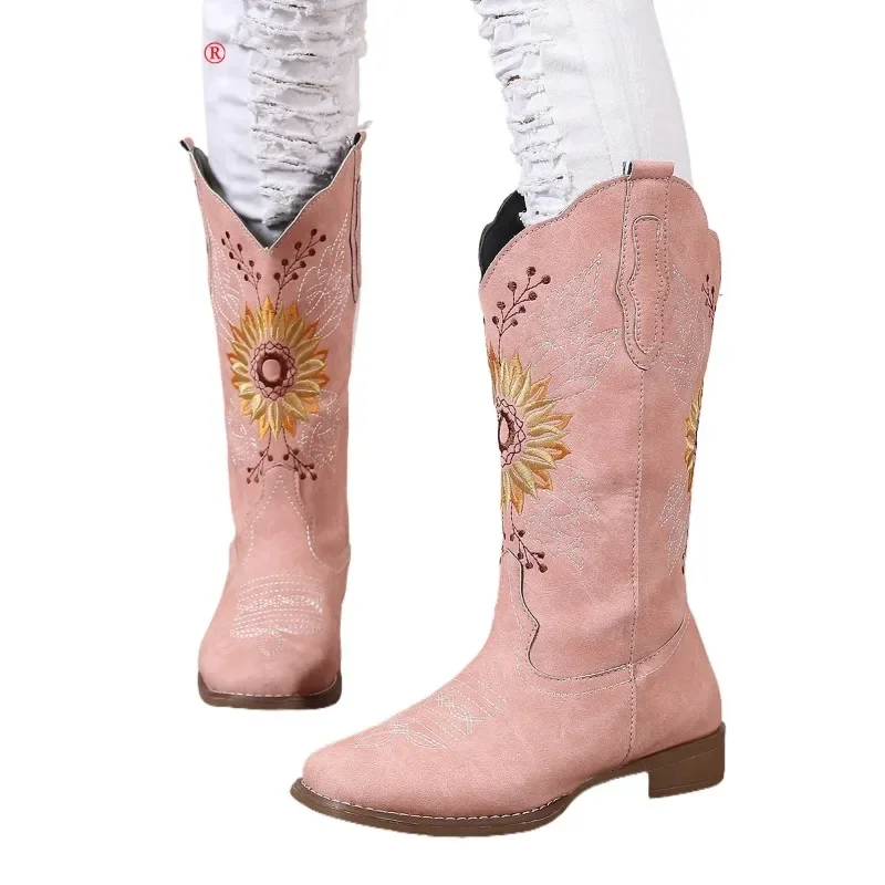 New Women Coffee Brown Embroidery Boots PU Leather Printed Western Cowboy Boots Deep V-mouth High Tube Casual Boots size 35-43