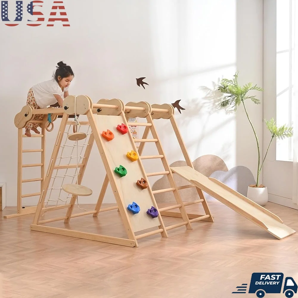 

Indoor Jungle Gym Toddler Play Set 7-in-1 Climbing Slide Monkey Bars Indoor Playground Toddler Gym Equipment Kids 1-6 Years