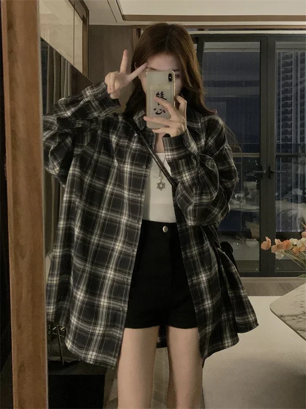 Idle Sle Retro Plaid Polo Collar Long sleeve Shirts Women clothes Autumn New Casual All-matching Loose Top Outerwear y2k ins emo