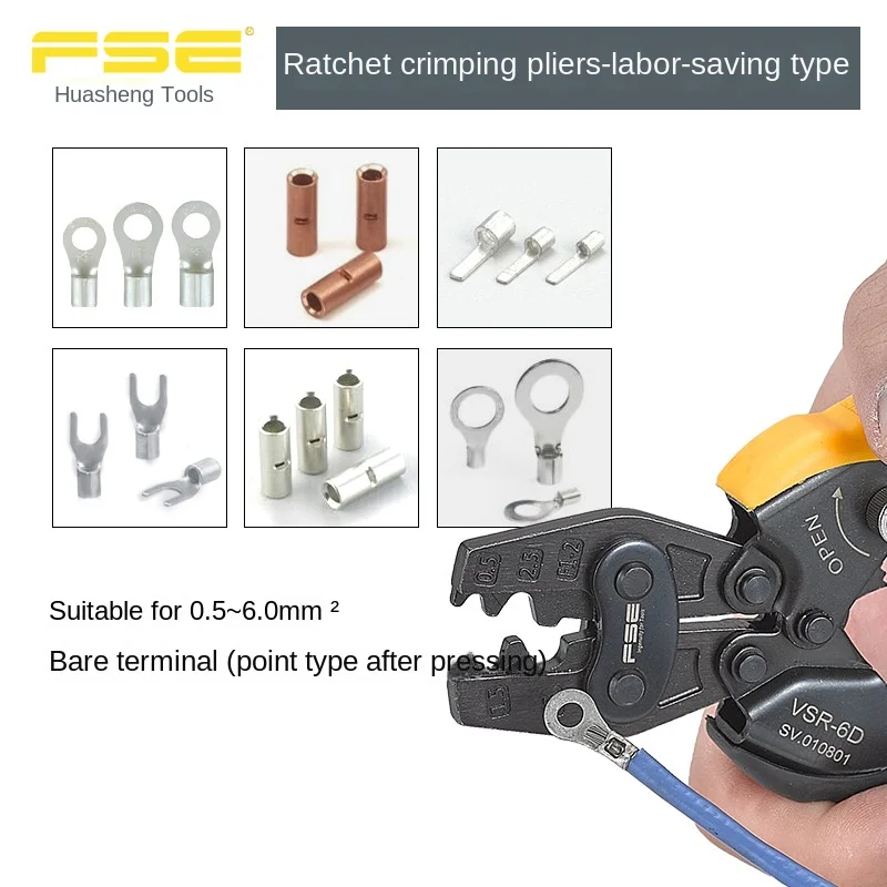 Ratcheting Crimping Pliers VSR-6D, suitable for 0.5-6mm² (20-10AWG) bare terminals, Multi-functional Terminal Pliers