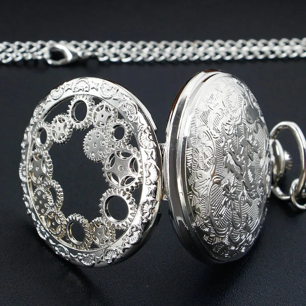 Sculptured Gear Hollow Skeleton Silver Pocket Watch Arabic Number Fob Watch Men Women Quartz Pendant Clock