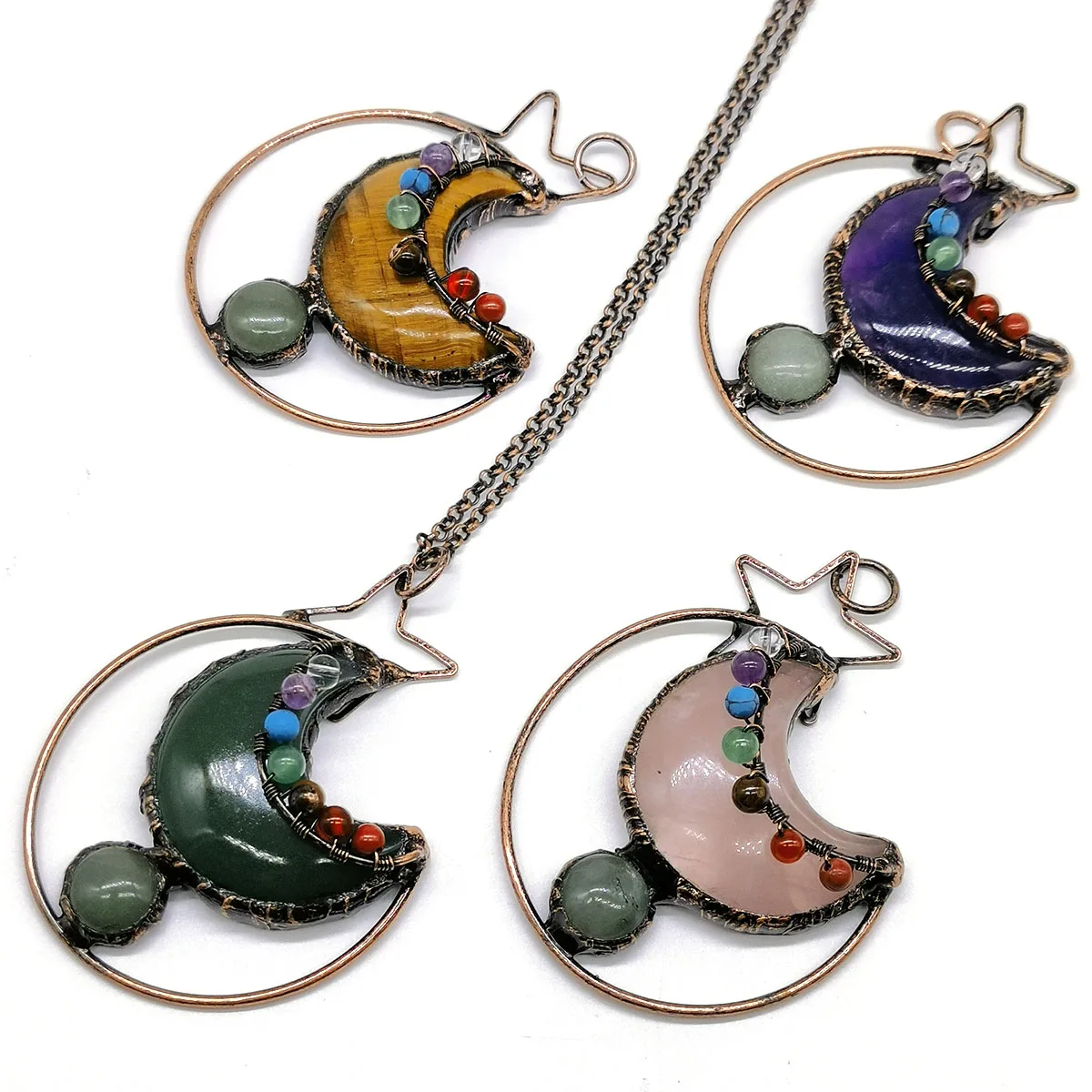 

Soldered Bronze Moon Shape Pendant Necklace 7 Chakras Energy Healing Reiki Vintage Handcrafted Hoop Necklace Women Jewelry
