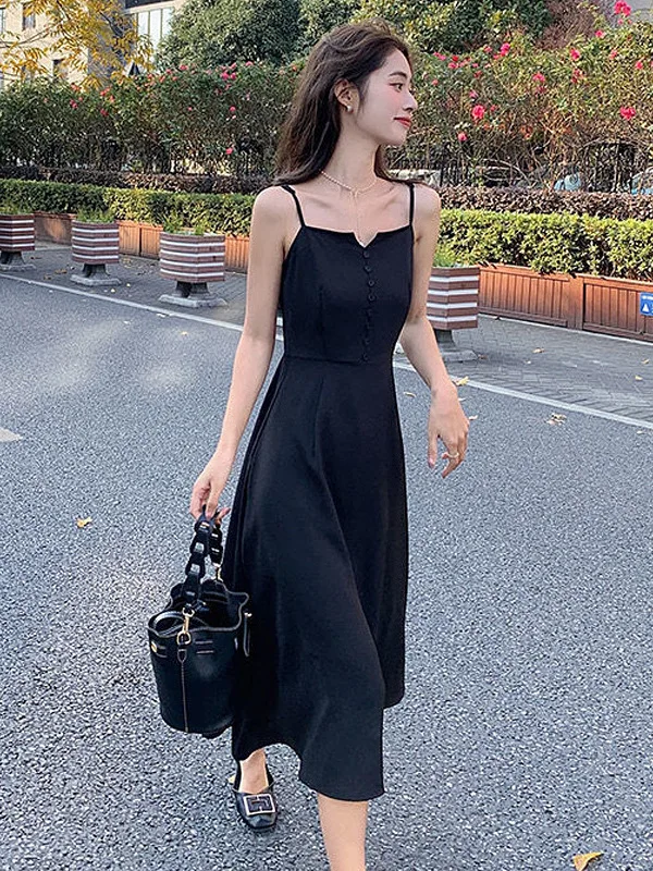 

Платье в французском стиле Хепберн, новинка 2024, женское летнее платье с зауженной талией, длинное платье черного цвета на бретелях, маленькое черное платье dressYYHN