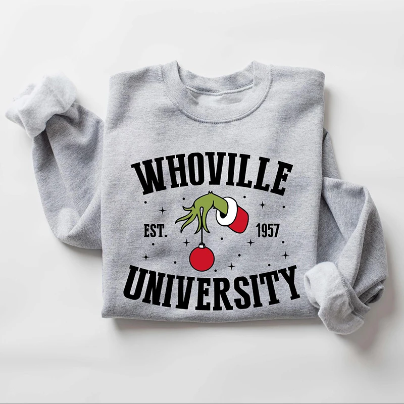 Whoville University Sweatshirt Grinch Christmas Genie Hoodie Women\'S Autumn And Winter Loose Round Neck Oversized Casual Shirt