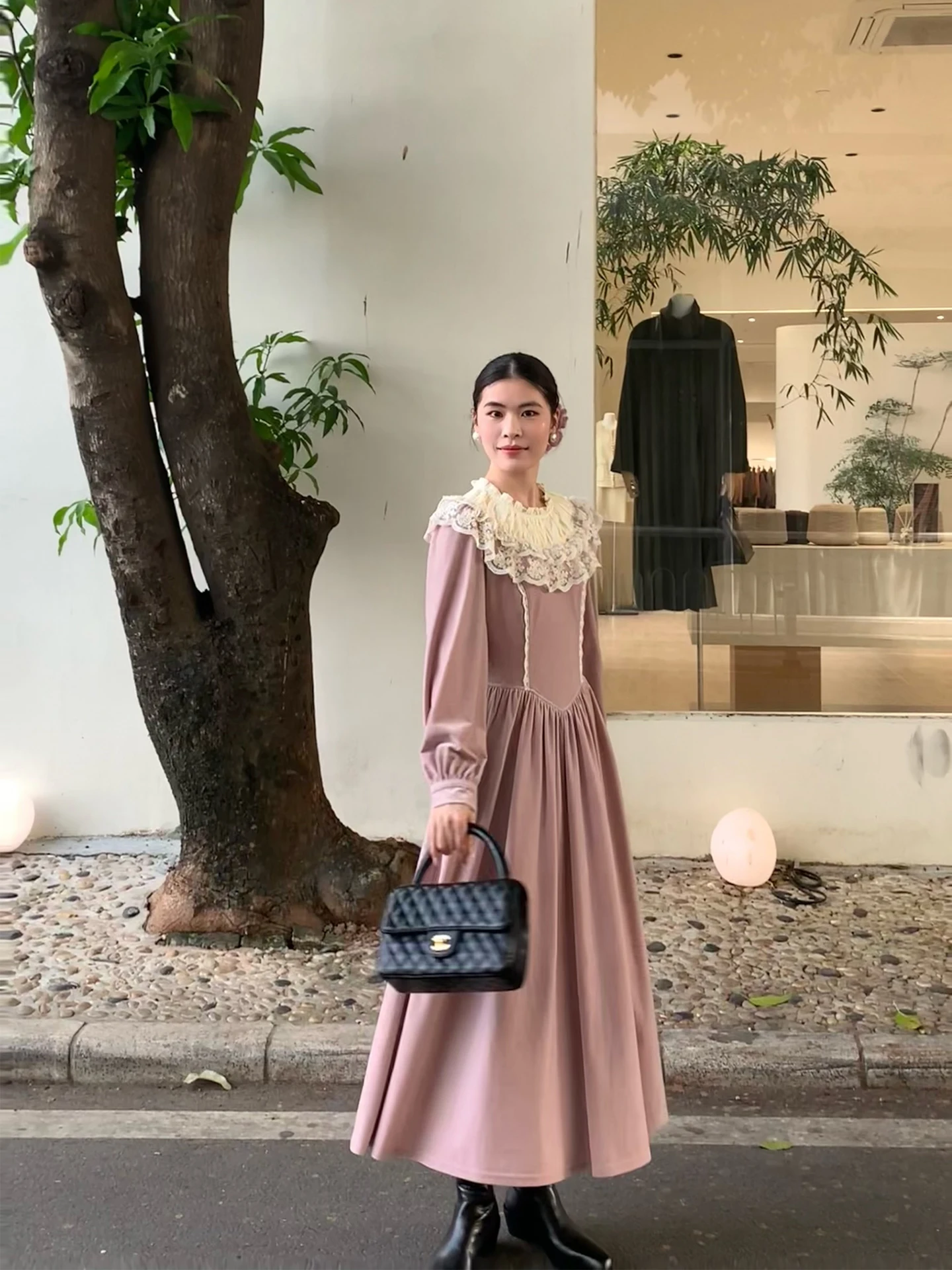 TIYIHAILEY Spring Autumn Velvet Women Printed Dress Full Sleeve Long Mid-Calf Ladies Clothing XS-XL Vintage High Waist Lace Pink