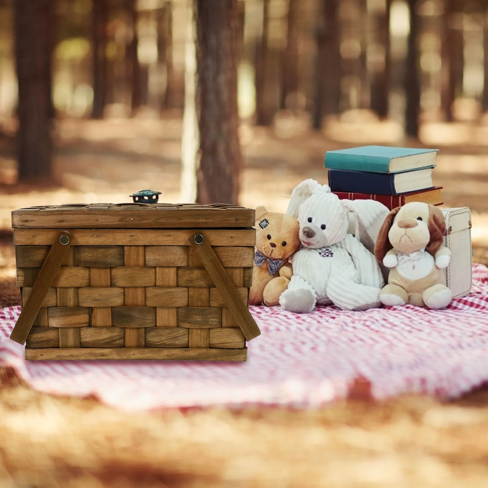 

1Pcs Picnic Storage Basket Portable Woven Design Large Capacity Handmade Natural Wood Sundries Organizer for Outdoor Holiday Use