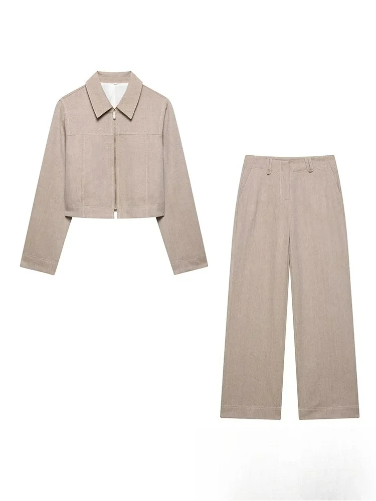 

KONDALA винтажный повседневный шикарный женский однотонный костюм с отложным воротником и карманами, короткий топ, свободные брюки, модный костюм весна-лето 2025 года