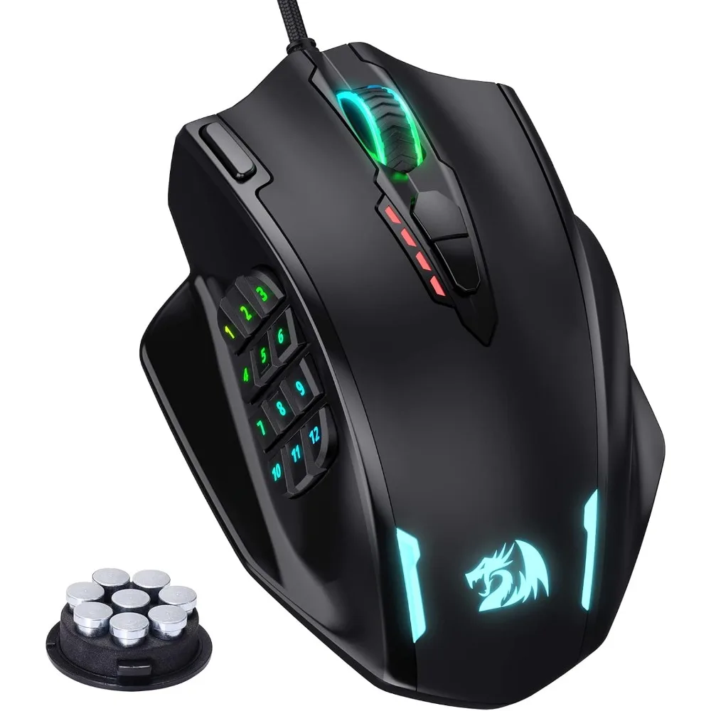 RGB LED MMO Gaming Mouse, 12 Side Buttons, Ergonomic Wired, 12,400DPI, Programmable Macros, Comfort Grip