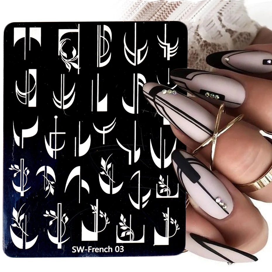 French Tip Nail Art Stamping Plates Template Form Geometric Graffiti Stripe Line Flower 3D Image Stencil Mold Printing Tool BESW