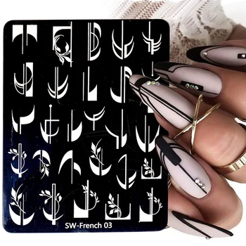 Franse Tip Nail Art Stamping Plates Template Vorm Geometrische Graffiti Streep Lijn Bloem 3D Beeld Stencil Schimmel Afdrukken Tool Besw