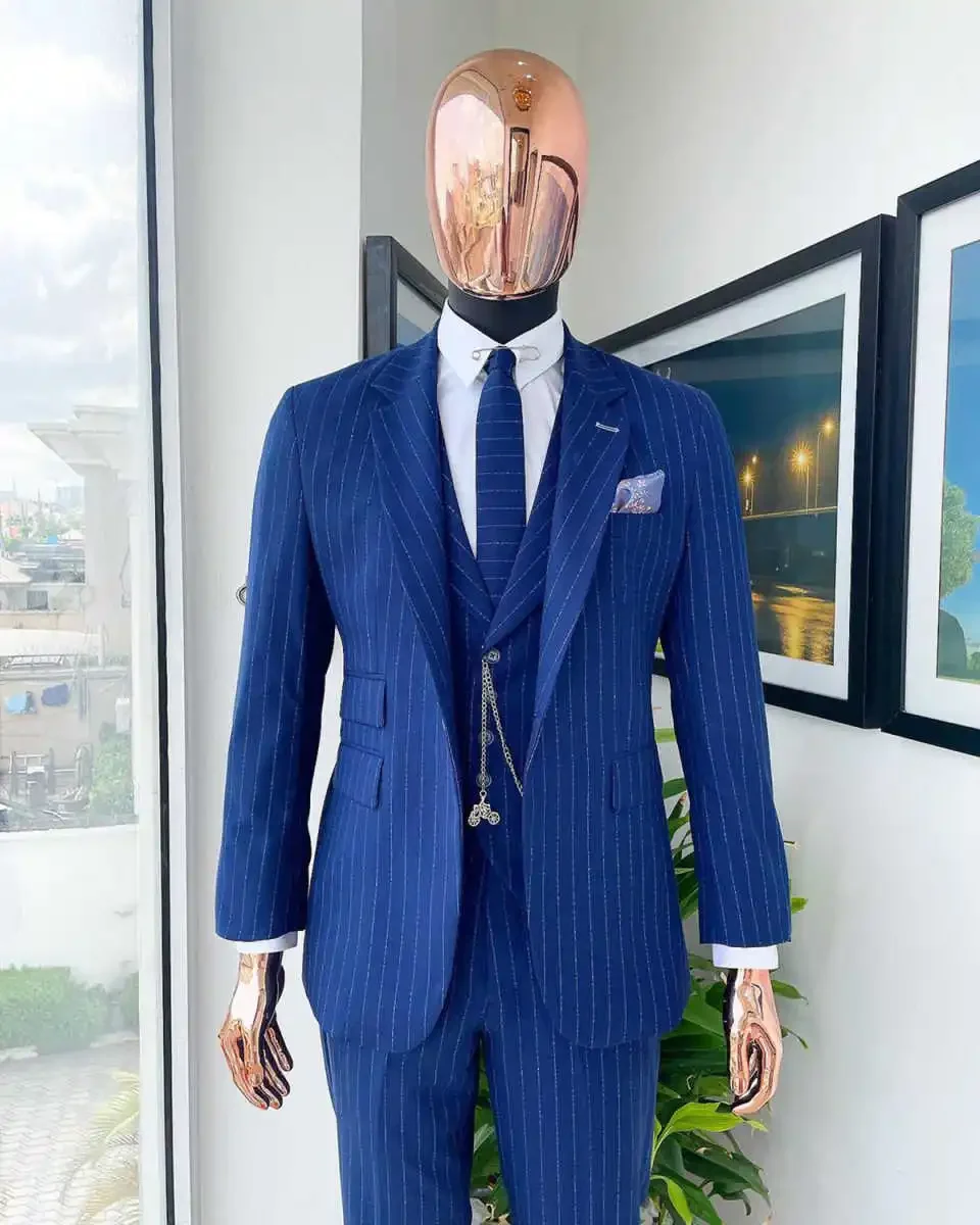 

Vintage Blue Stripe Suits for Men 3 Pieces Blazer Pant Vest Business Groom Tuxedo Slim Fit Men Suit Wedding Party Formal Suit