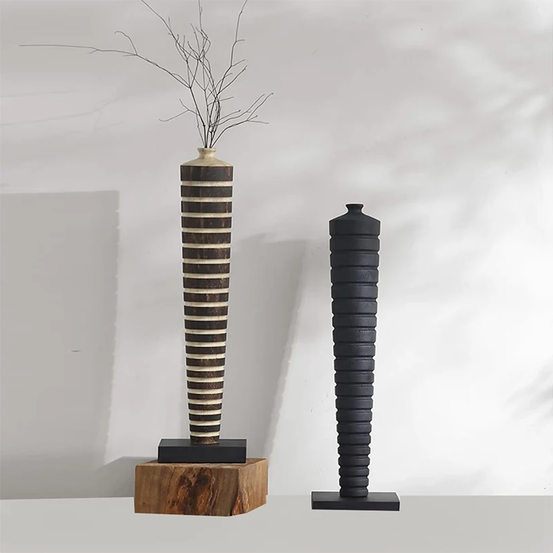 Chinese Wabi Sabi Charred Wood Vase Minimalist Floral Centerpiece for Hotel Zen Living Room Decor Handcrafted Decoration Crafts