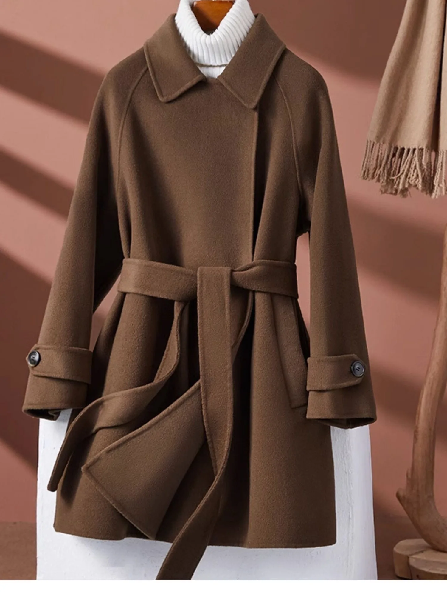 

Double-Sided Woolen Korean Sle Women's Coat Medium-Length Wrap Waist Design Faionable Autumn Winter Outerwear