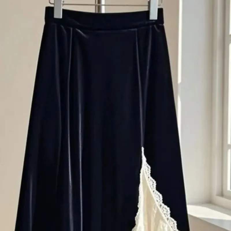 French Lace Velvet Women Skirt Patchwork A-line Autumn Winter Faldas Mujer Korean Fashion Elegant Retro Long Skirt 2025 New