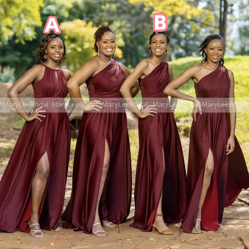 

Pleats One Shoulder Dark Wine Bridesmaid Dresses with Slit Burgundy Satin A-line Long Wedding Guest Dress Maid of Honor Gowns