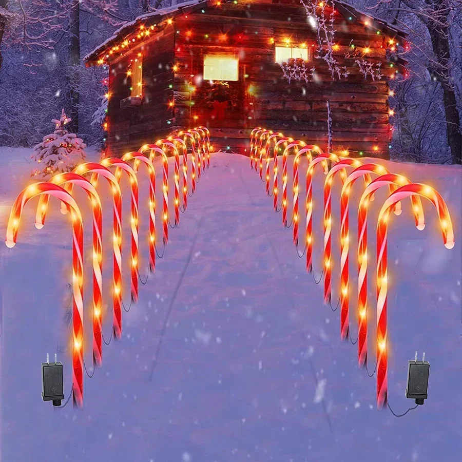 Set of 10 Christmas Candy Cane Light Outdoor Pathway Candy Cane Markers Light Plug in Candy Cane Lamp with Stake for Patio Decor