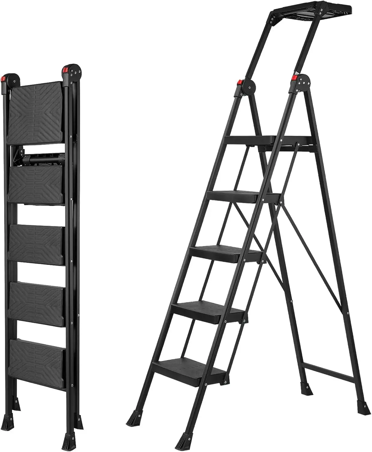 Foldable Handrail & Tool Tray Stool Ladders with Anti-Slip Wide Pedal, 660 lbs Sturdy Steel Ladder for H