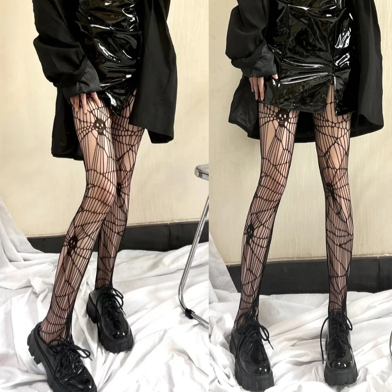 Women Dark Goth Halloween Fishnet Pantyhose Harajuku  Skull Spider Web Patterned Hollow Out Mesh Tights Festival Party