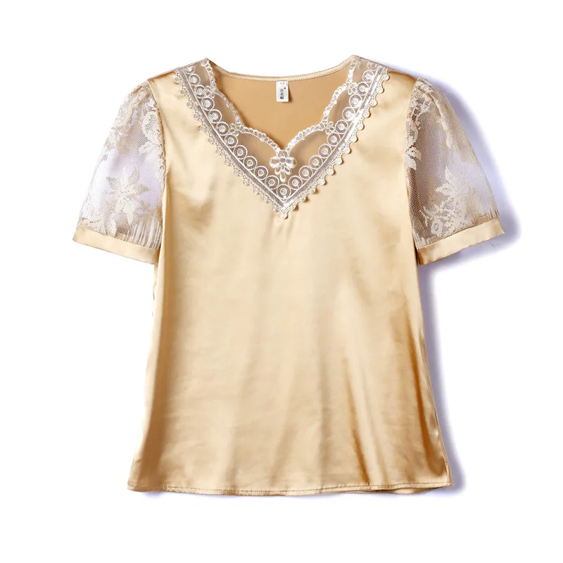 M-4XL Elegant Satin Lace shirt Summer Short Sleeve Casual clothing V neck Women blouse Tops blusa feminina