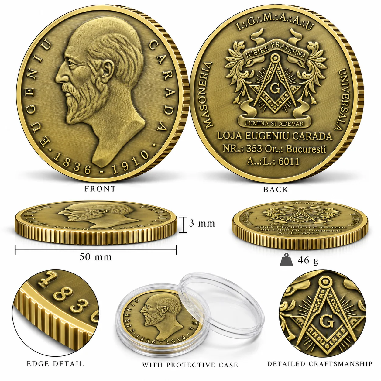 Eugeniu Carada Masonic Commemorative Coin Freemason Symbol Collectible Medal Token