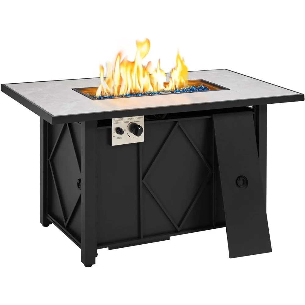 

43 inch Fire Pit Table with Ceramic Tabletop, Steel Base, Glass Fires Stone, Waterproof Cover, 2 in 1 Propane Gas Fire Pit Table