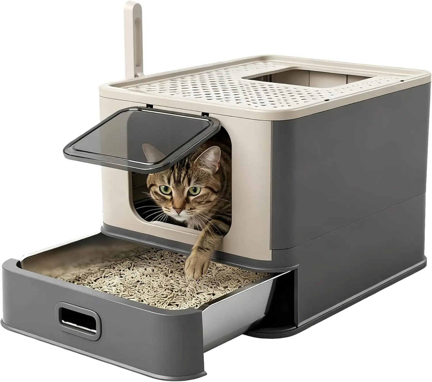 

Enclosed Stainless Steel Cat Litter Box with Pull-Out Drawer, Top Entry Leak-Proof Covered Design for Indoor Cats