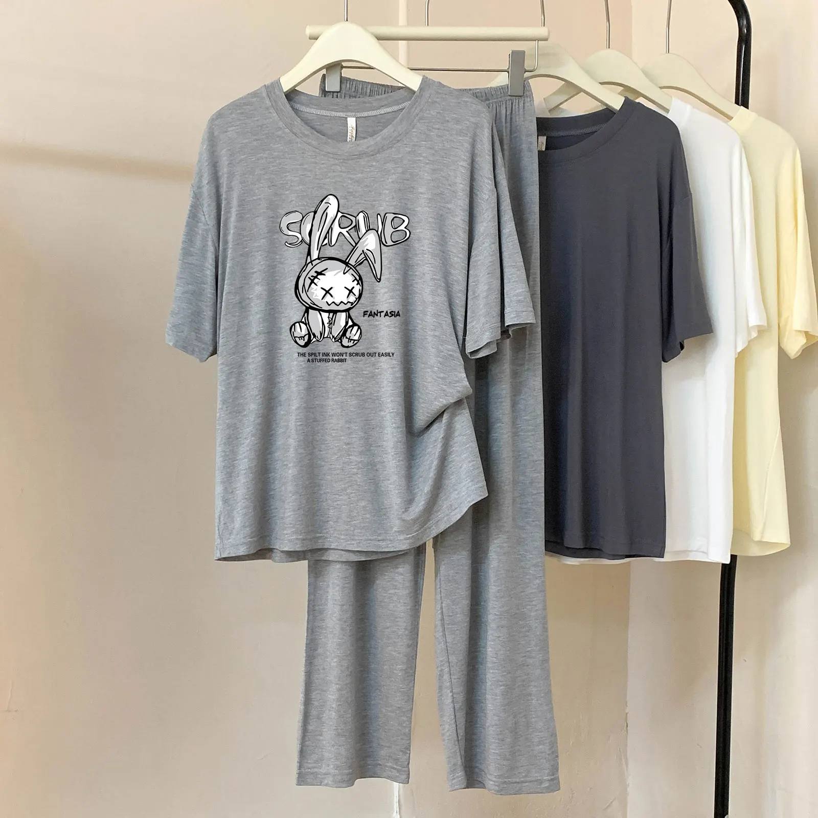 

DC124 # Женский пижамный комплект из двух предметов с короткими рукавами из модала и кролика с мультяшным принтом, весенний комплект