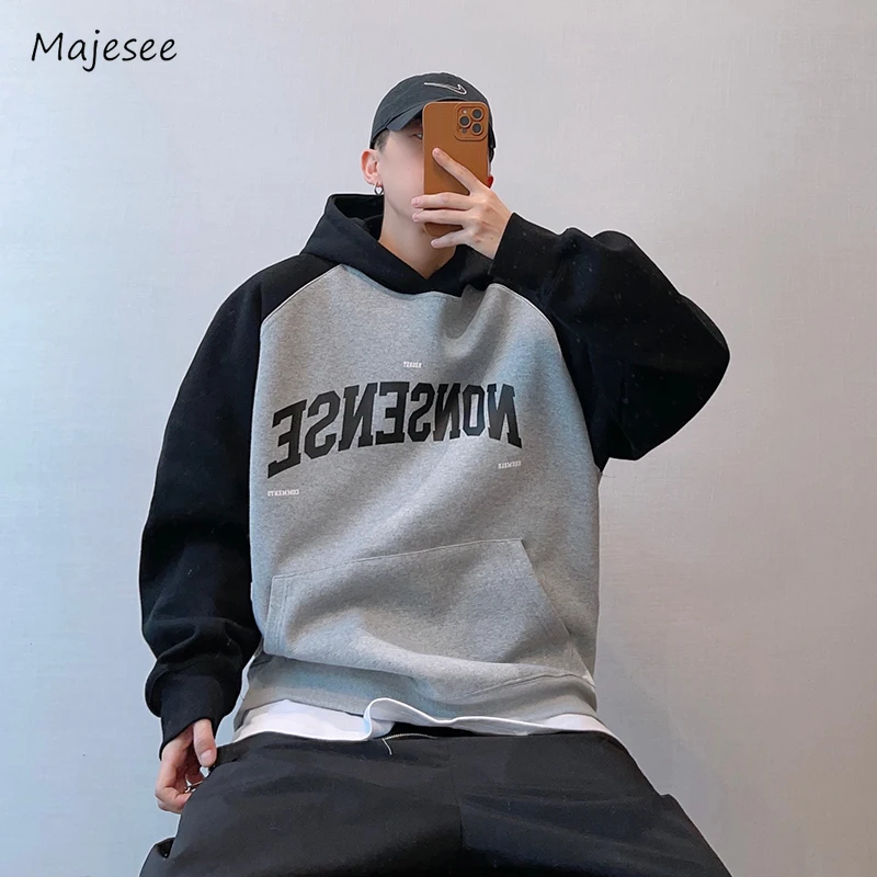 

Letter Hoodies Men Autumn Contrast Color Design Chic Spring Loose Unisex Hooded Clothing American Style Harajuku Simple Basic