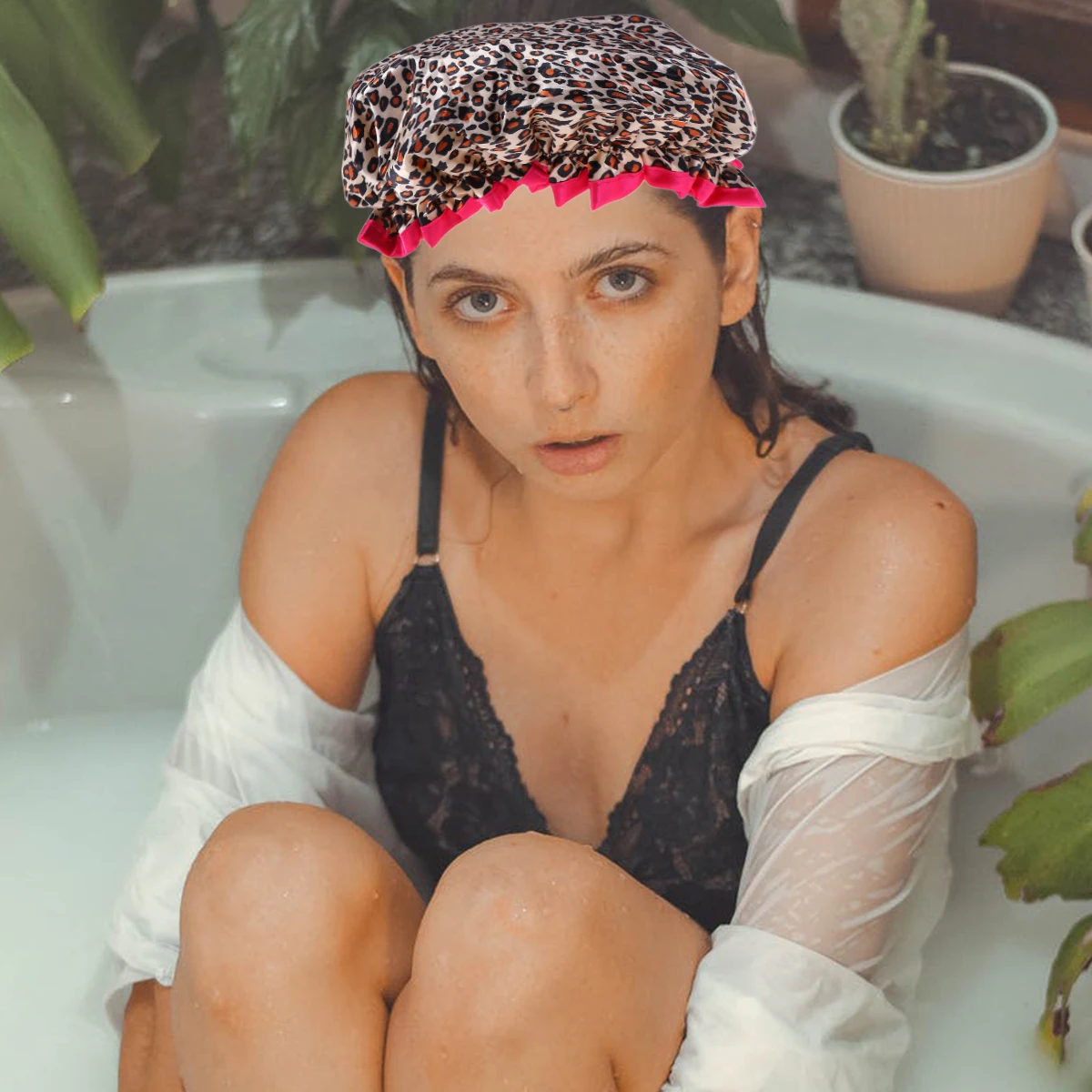 

2pcs Waterproof Shower Caps Leopard Pattern Bathing Hats For Women Double Layer Reusable Lightweight Foldable Travel Spa Hair