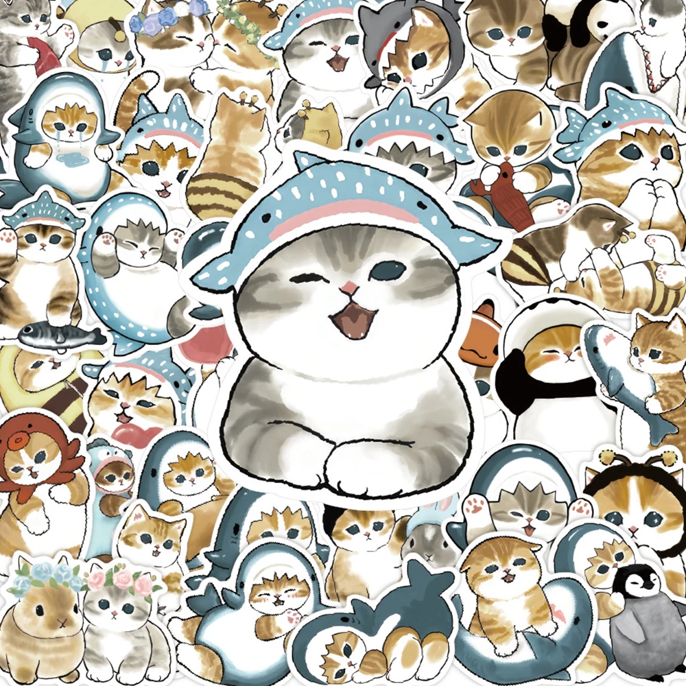 10/30/50pcs Funny Shark Hooded Cat Stickers Kawaii Animal Graffiti Decals DIY Scrapbook Luggage Suitcase Cute Cartoon Sticker