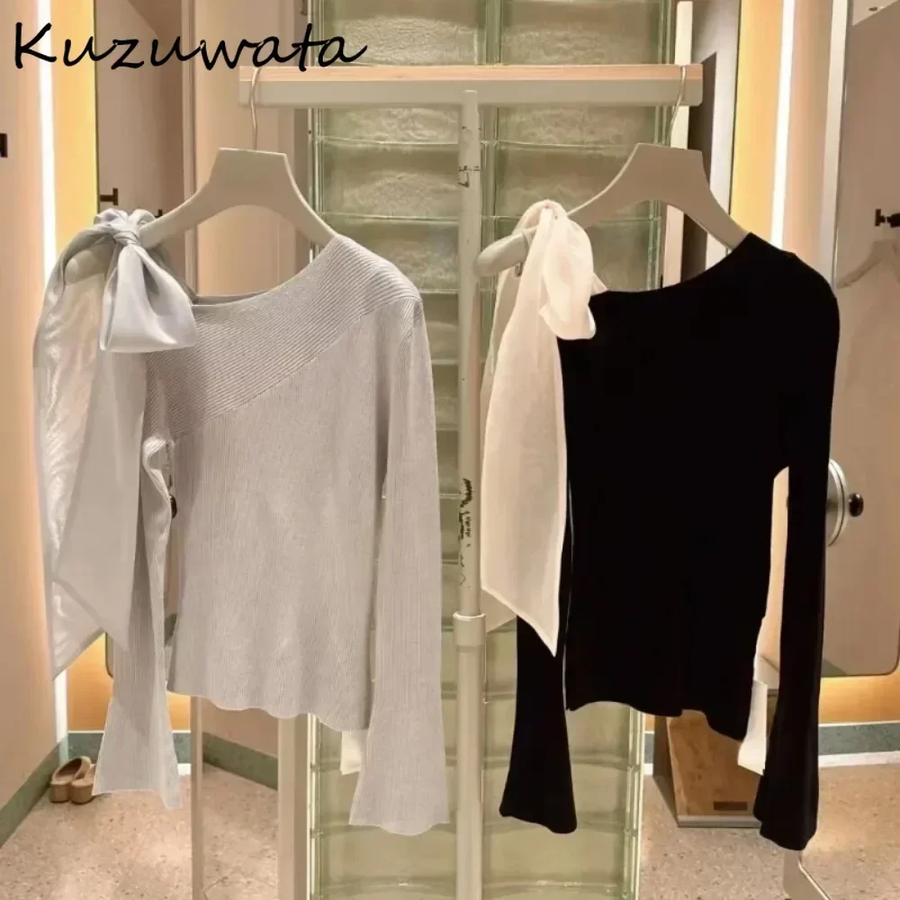 Kuzuwata Autumn Literary Skew Collar Flare Sleeve Knitted Bow Sweet Off Shoulder All-match Jumper Japan New Pullover Lace Up Top