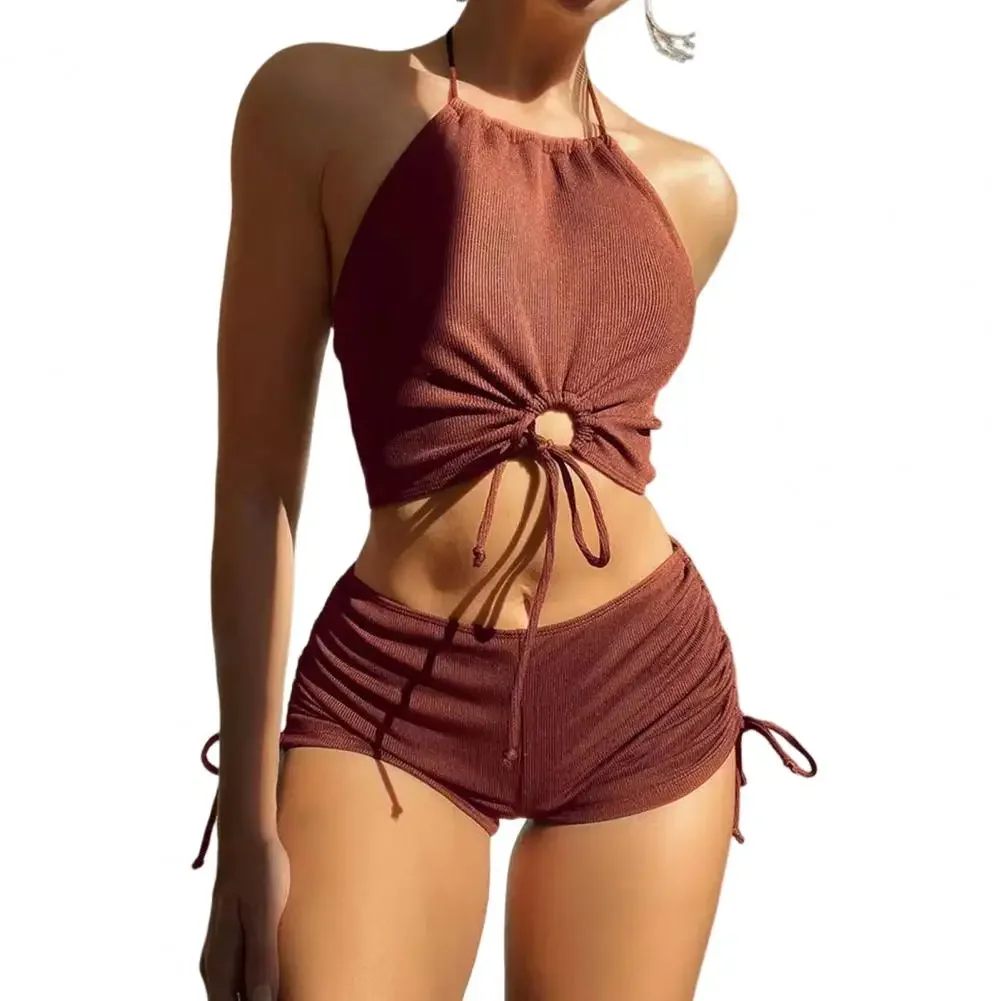 Two-piece Swimsuit Female Bathing Suit Stylish Women's Summer Bikini Set with Halter Bra High Waist Drawstring Trunks