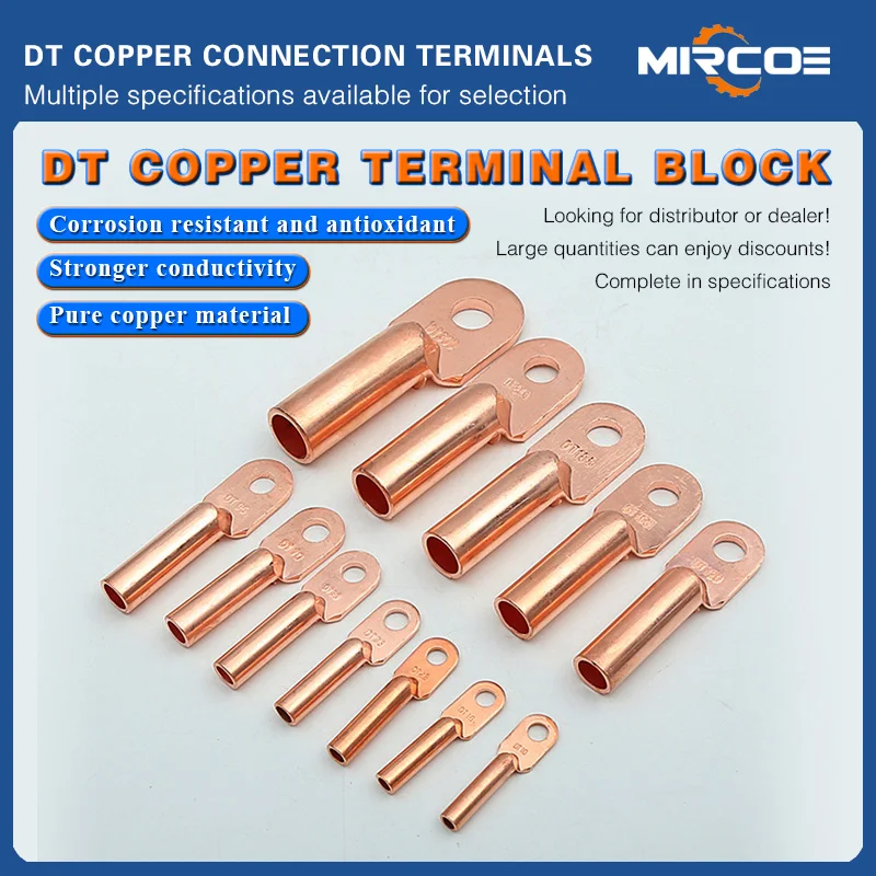 10PCS Square Purple Copper Wire Ear DT10 to DT300 A-Level DT Copper Nose Terminal Block Lug for Electrical Wiring 10mm2-95mm2