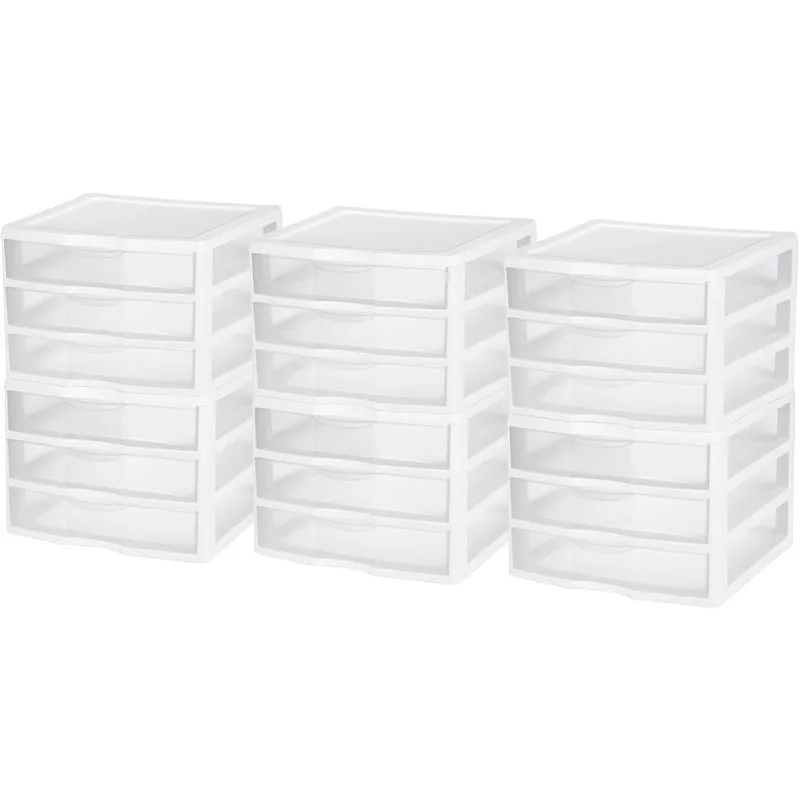 6-Pack Wide 3 Drawer Unit, Plastic Desktop Organizer With Clear Drawers, White Frame - Stackable Multi-Purpose Storage