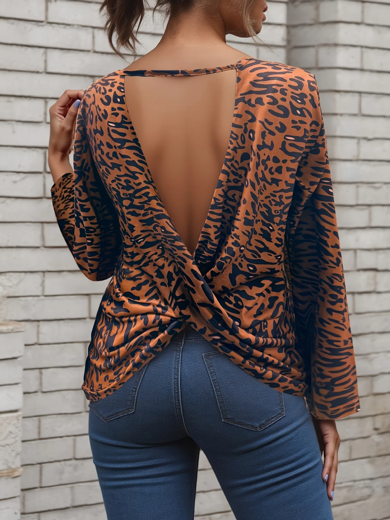 Women's Leopard Print Long Sleeve Top - Open Back Twist Knot Casual Party Blouse