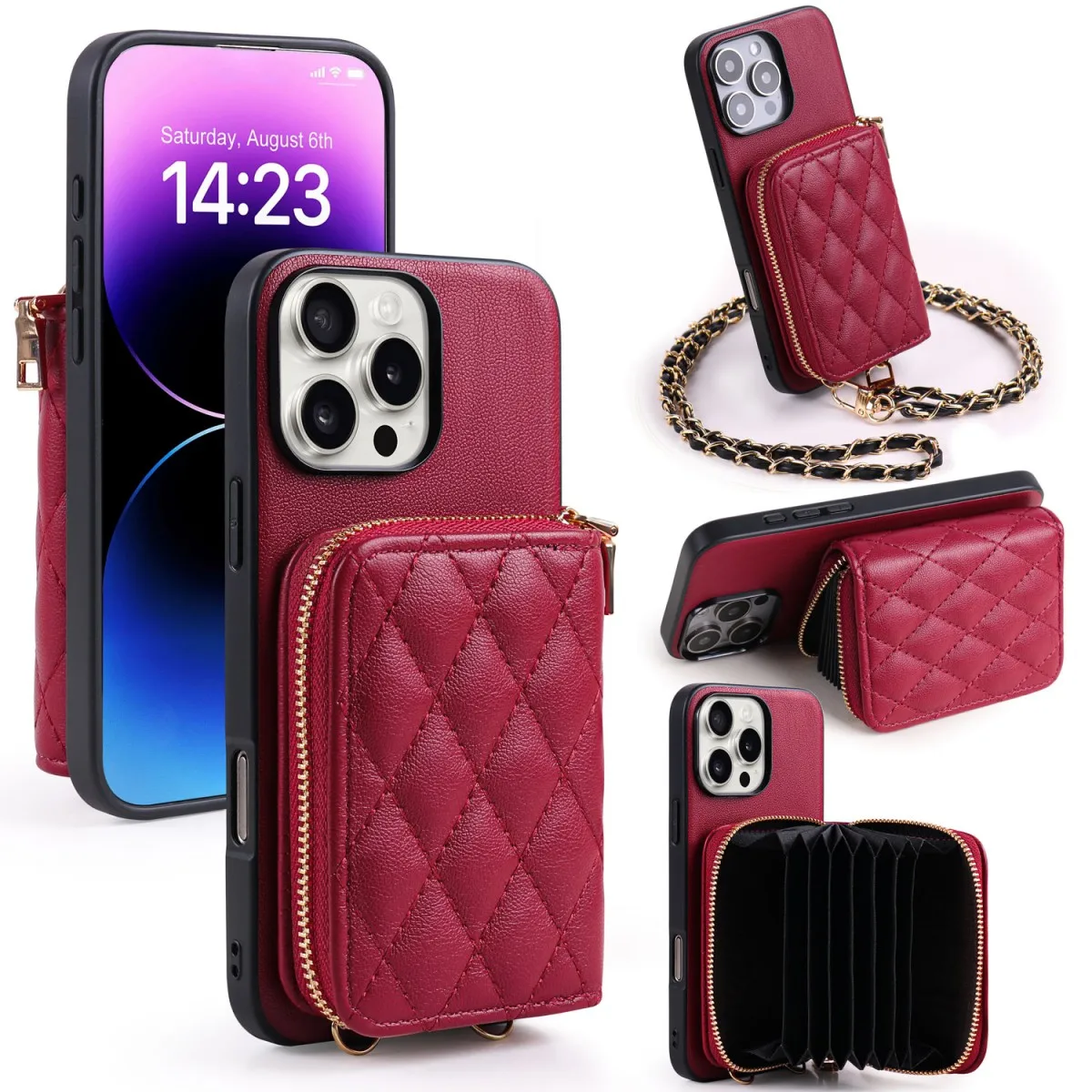 Neuer Trend Lammmuster PU-Leder Handyhülle für iPhone 17/16/15/14/13/12/11 Multifunktionale Kartenhülle Stilvolle lange Kette