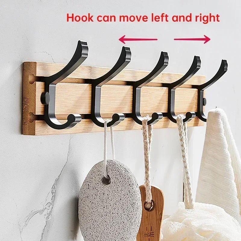 Bamboo Coat Rack with Movable Aluminum Hooks No Need to Drill Hat Clothing Hanger Wall-mounted Shelf for Bedroom Organization