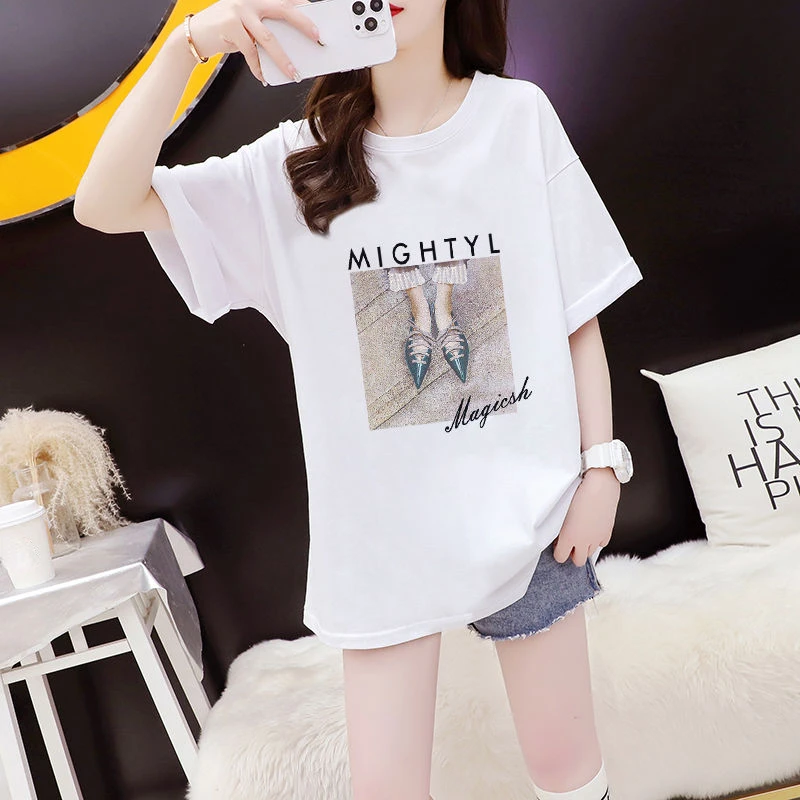 DAYIFUN Women's Shoe Printing T-shirt Summer Fashion Letter Loose Short Sleeve Girls' Tee Shirt Round Neck Fashion Design Tops