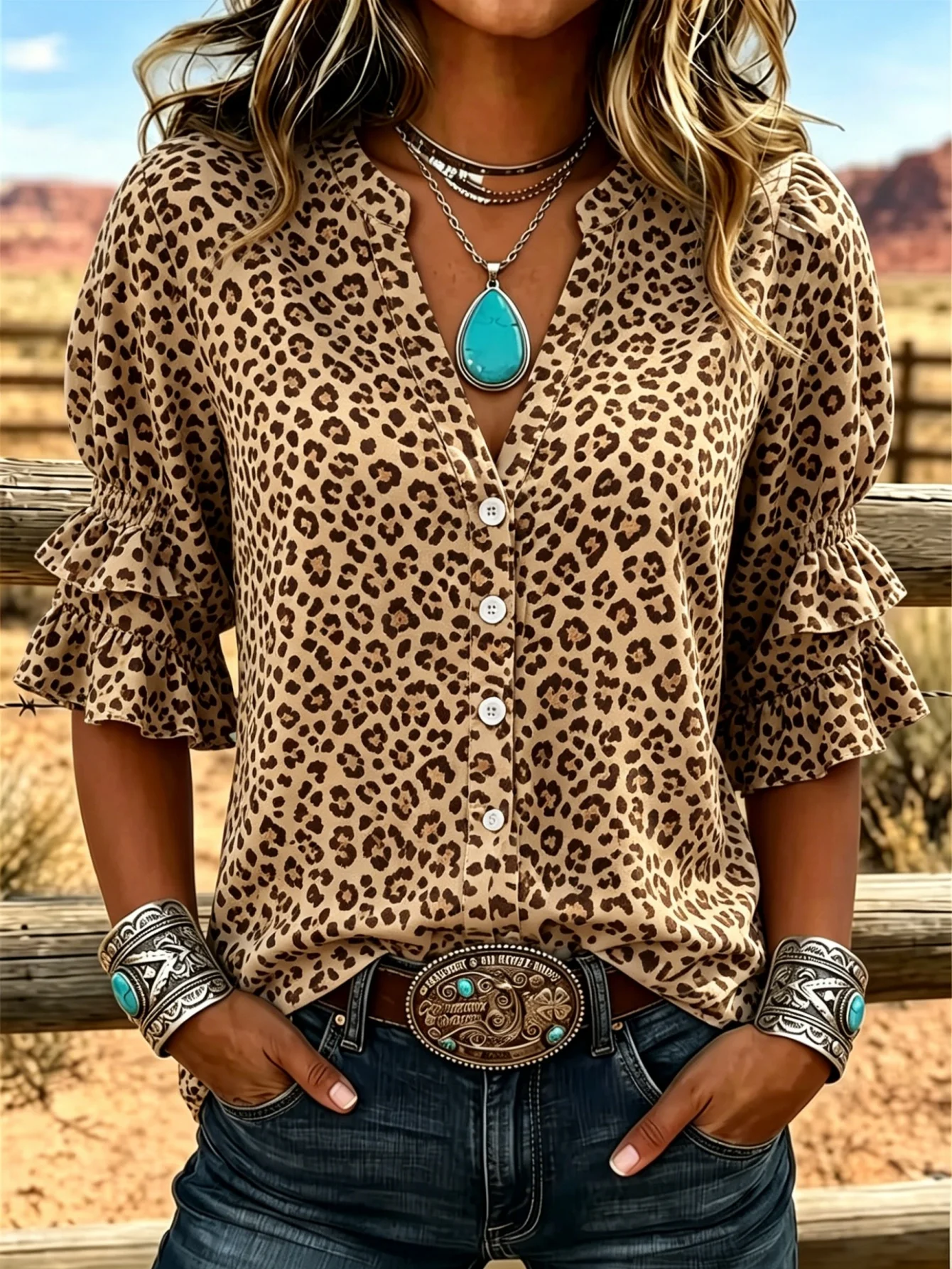 Features eye‑catching all‑over western‑style print, notch v‑neck, partial button placket and double ruffle short sleeves.