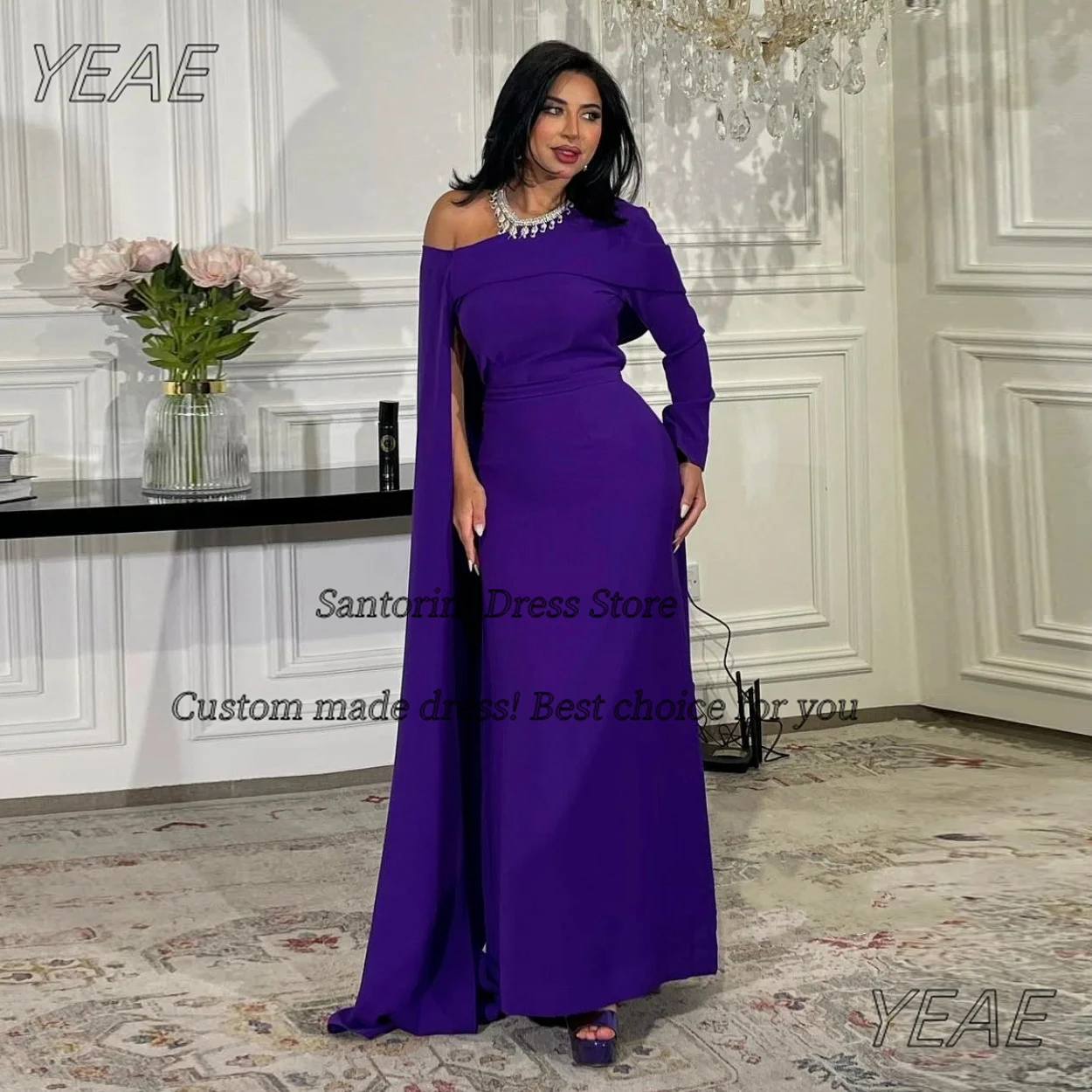 

Santorini Customized Elegant Purple Satin Evening Dresses Saudi Arabia Women Wear Long Sleeves Robes De Cocktail Party Prom Gown