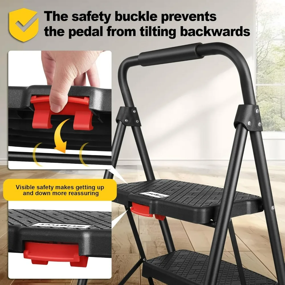 3 Step Ladder, Collapsible Non-Slip Treads Sturdy Steel Ladder, Portable Home Step Stool, Safe and Comfortable Handrail