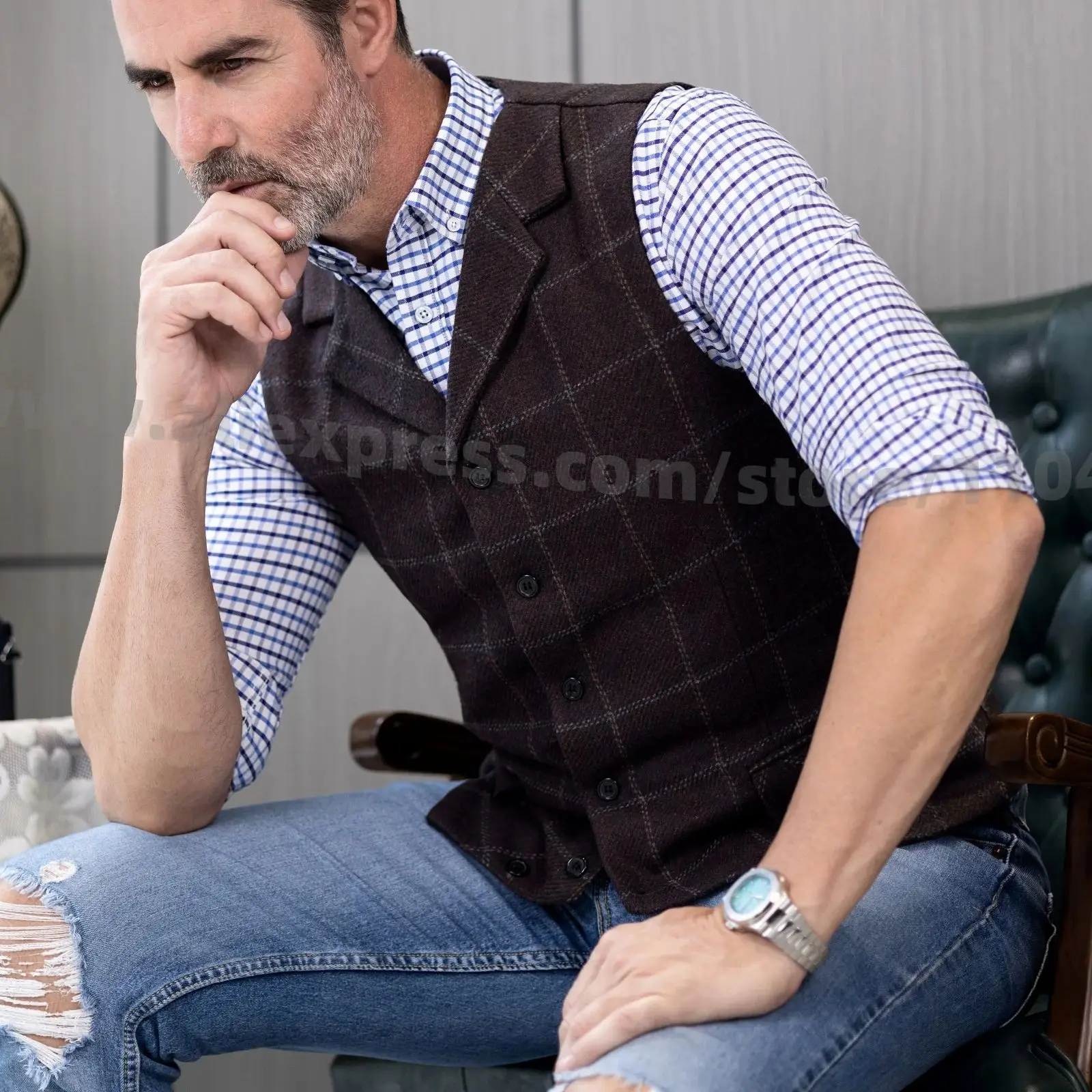 Green Men Vest Tweed Plaid Waistcoat Slim Fit Lapel Plaid Suit Vest Herringbone vintage Vest For Wedding Groomsmen