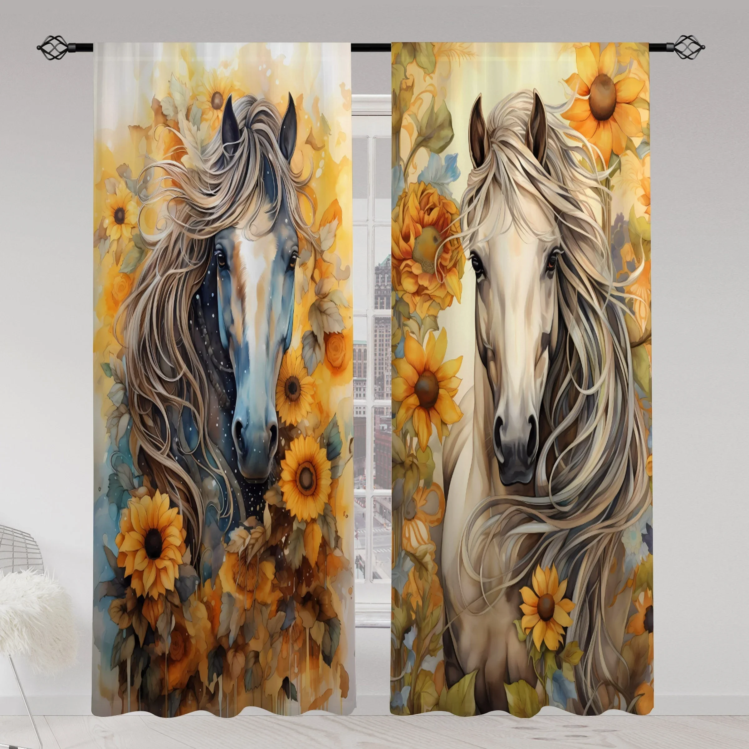 Vibrant Horse Portrait Sunflower Floral Curtain Panels for Living Room Bedroom Home Decor Window Treatment