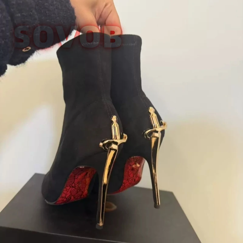 Black Ankle Boots for Women, Pointed Toe Sword-Shaped Heel Booties,Elegant Heeled Boots,Sexy Woman Dress Party Pumps,35-40